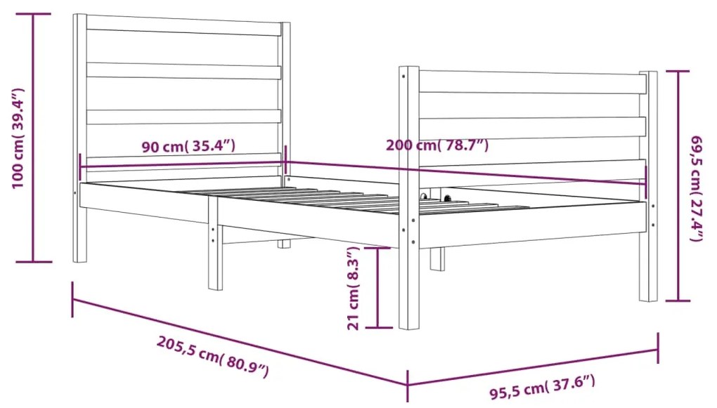 vidaXL Πλαίσιο Κρεβατιού 90 x 200 εκ. από Μασίφ Ξύλο Πεύκου