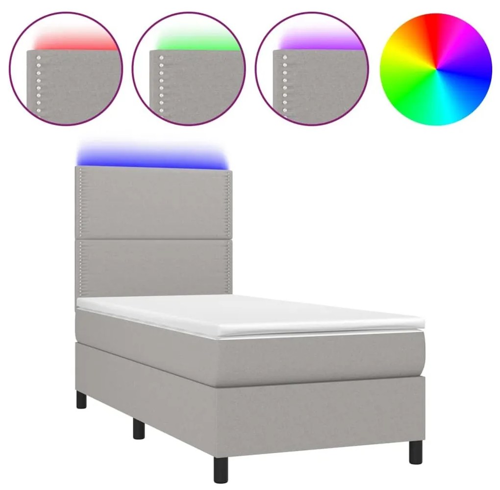 Κρεβάτι Boxspring με Στρώμα &amp; LED Αν.Γκρι 90x200 εκ. Υφασμάτινο - Γκρι