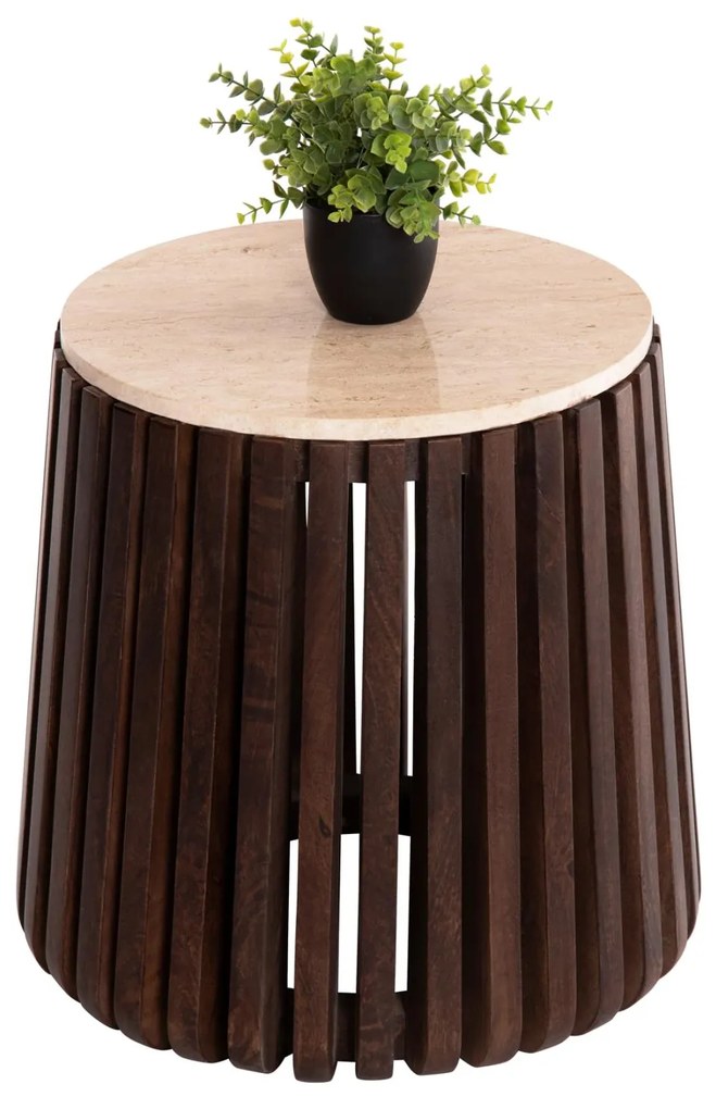 SIDE TABLE KREST  ACACIA WOOD IN LIGHT BROWN-WHITE TRAVERTINE Φ50x50Hcm.