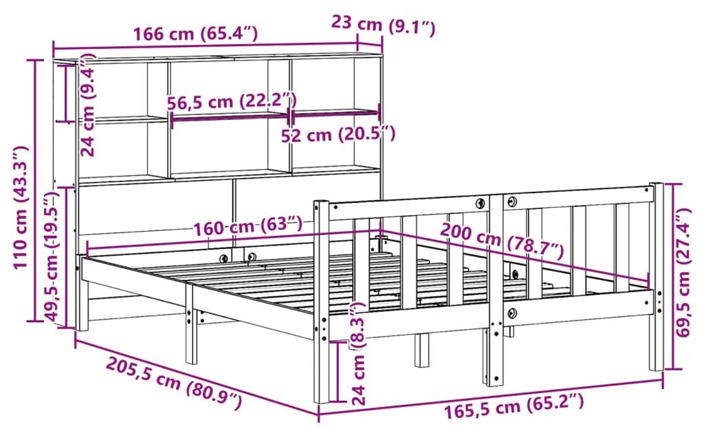 Κρεβάτι Βιβλιοθήκη Χωρίς Στρώμα 160x200 εκ Μασίφ Ξύλο Πεύκου - Καφέ