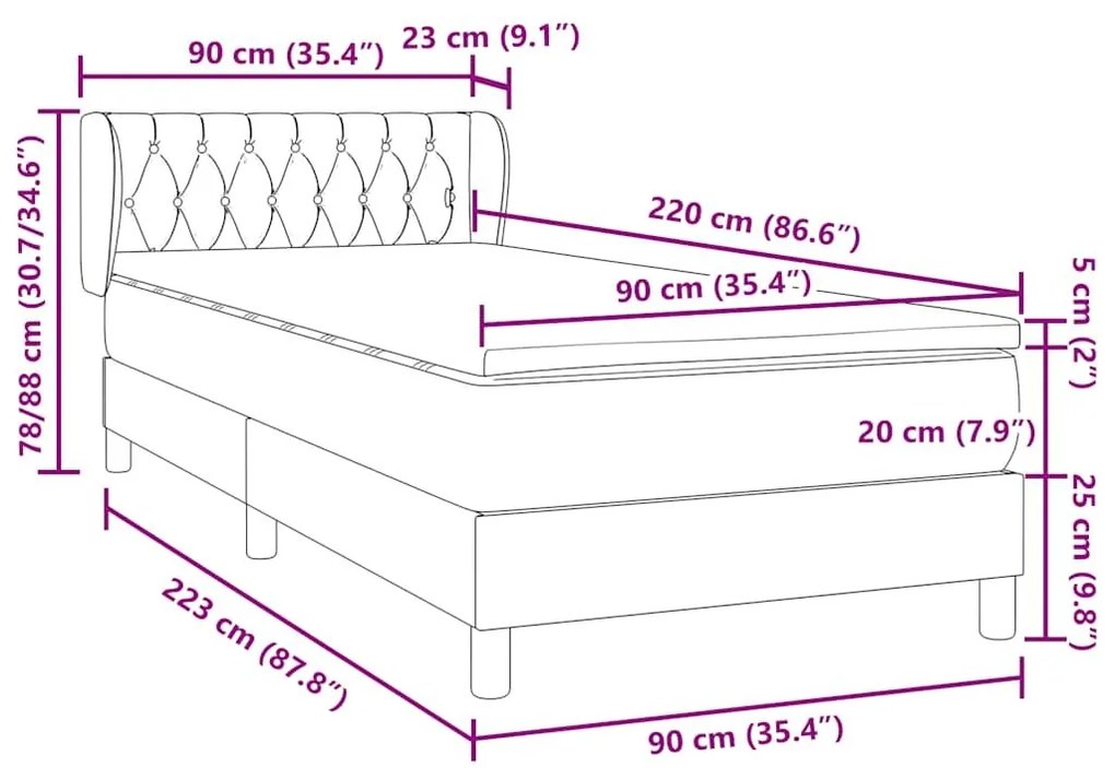 Κρεβάτι Boxspring με Στρώμα Σκούρο Γκρι 90x220 εκ. Βελούδινο - Γκρι