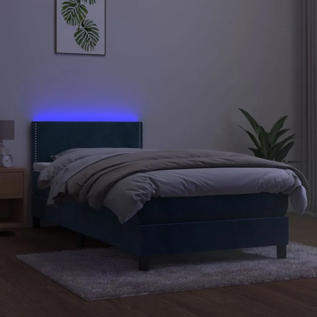 vidaXL Κρεβάτι Boxspring με Στρώμα & LED Σκ. Μπλε 80x200 εκ. Βελούδινο