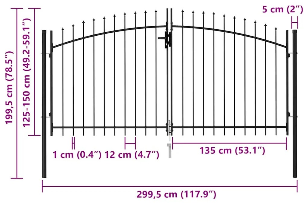 vidaXL Καγκελόπορτα Διπλή με Ακίδες Μαύρη 3 x 1,5 μ. Ατσάλινη