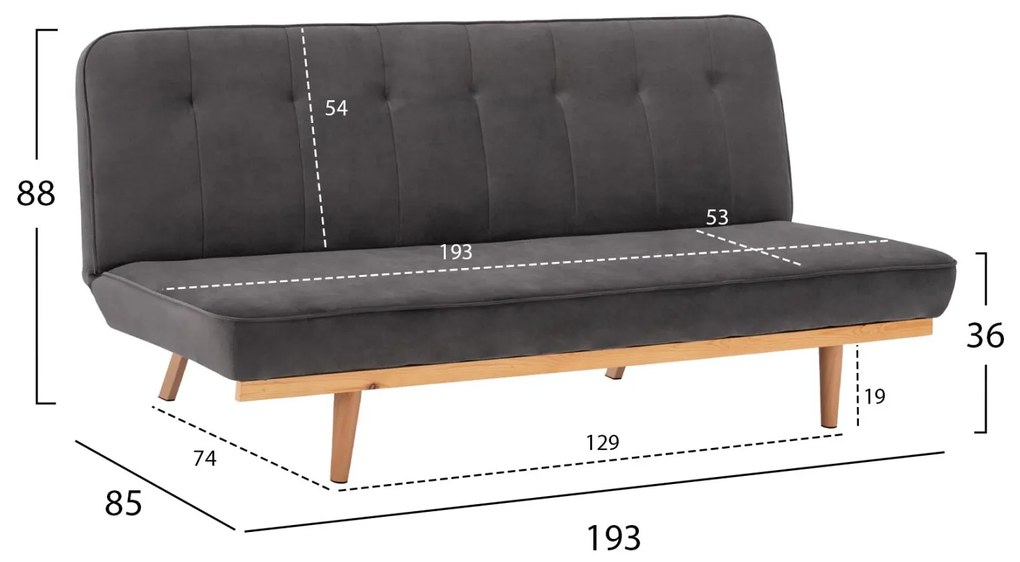 Καναπές - Κρεβάτι Τριθέσιος Βελούδο Γκρί 193x85x88Υ εκ. 193x85x88 εκ.