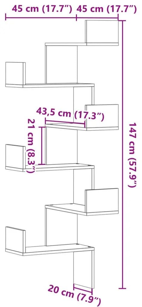 Γωνιακή Ραφιέρα Τοίχου Καπνιστή Δρυς 45x45x147 εκ Επεξ. Ξύλο - Καφέ