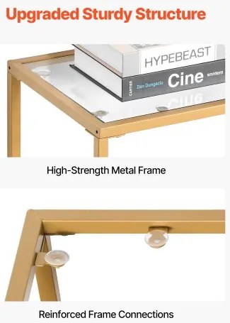 VEVOR 2-Tier Glass Console Table Rectangle Sofa Side Table with Anti-Tip Golden