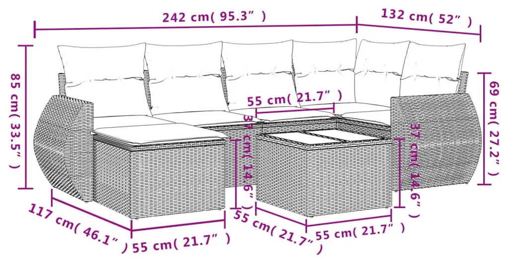 vidaXL Καναπές Σετ 7 Τεμαχίων Μαύρο Συνθετικό Ρατάν με Μαξιλάρια