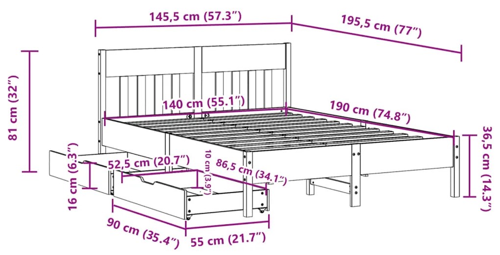 ΣΚΕΛΕΤΟΣ ΚΡΕΒΑΤΙΟΥ ΧΩΡΙΣ ΣΤΡΩΜΑ 140X190 ΕΚ ΜΑΣΙΦ ΞΥΛΟ ΠΕΥΚΟΥ 3301878