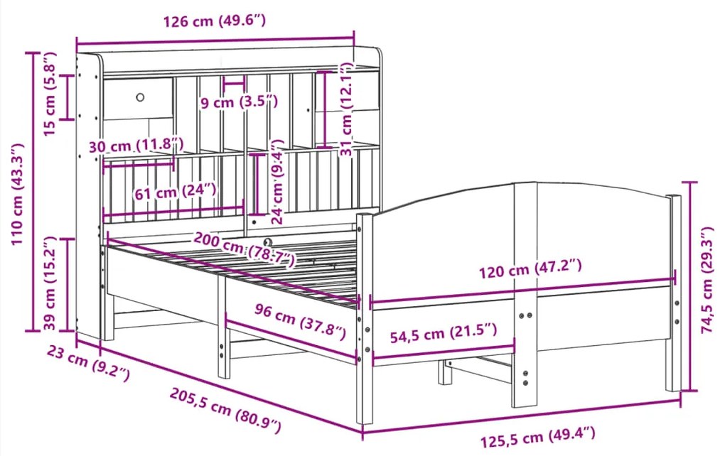 Κρεβάτι Βιβλιοθήκη Χωρίς Στρώμα 120x200 εκ Μασίφ Ξύλο Πεύκο - Λευκό