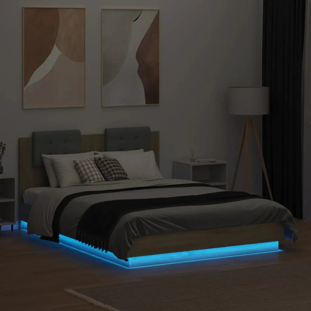 vidaXL Πλαίσιο Κρεβατιού με Κεφαλάρι/LED Sonoma δρυς 140x190 εκ.