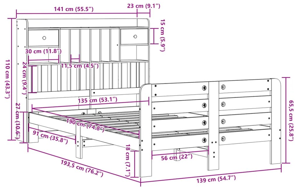 ΚΡΕΒΑΤΙ ΒΙΒΛΙΟΘΗΚΗ ΧΩΡΙΣ ΣΤΡΩΜΑ 135X190 ΕΚ ΜΑΣΙΦ ΞΥΛΟ ΠΕΥΚΟΥ 3309986