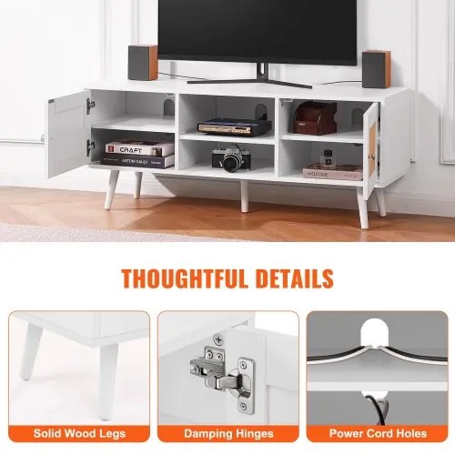 VEVOR Rattan TV Stand, Boho TV Cabinet for 55 inch TV, Mid Century Modern TV Stand, Rattan TV Console with Adjustable Shelfs for  Living Room, Media Room, White