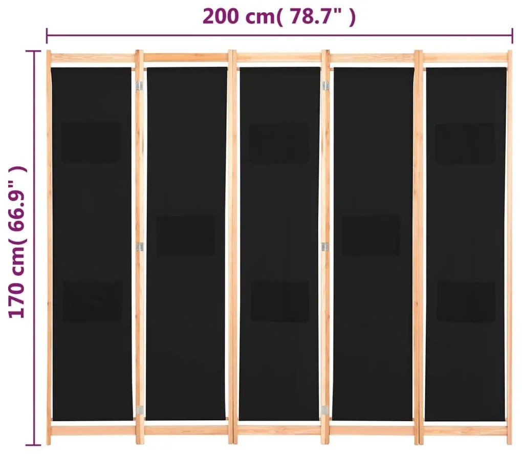 Διαχωριστικό Δωματίου με 5 Πάνελ Μαύρο 200x170x4 εκ. Υφασμάτινο - Μαύρο