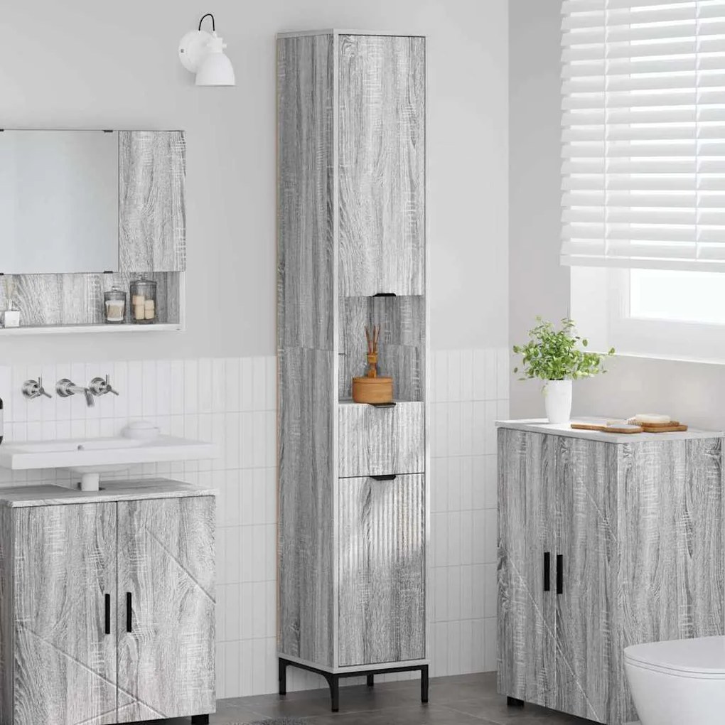 vidaXL Ψηλό ντουλάπι μπάνιου με πόρτα Γκρι sonoma 31.5 x 33 x 190 εκ.