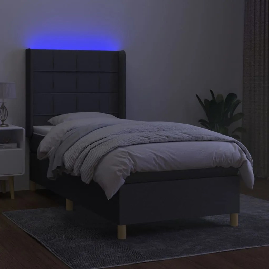 Κρεβάτι Boxspring με Στρώμα &amp; LED Σκ.Γκρι 90x190 εκ. Υφασμάτινο - Γκρι