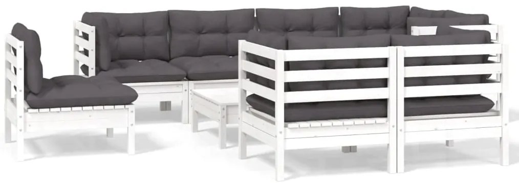 vidaXL Σαλόνι Κήπου Σετ 9 Τεμαχίων Λευκό Μασίφ Ξύλο Πεύκου & Μαξιλάρια