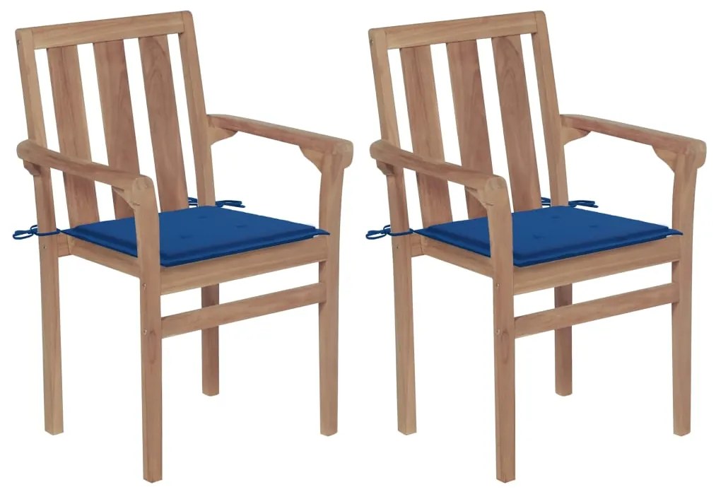 vidaXL Καρέκλες Κήπου 2 τεμ. Μασίφ Ξύλο Teak με Μπλε Ρουά Μαξιλάρια