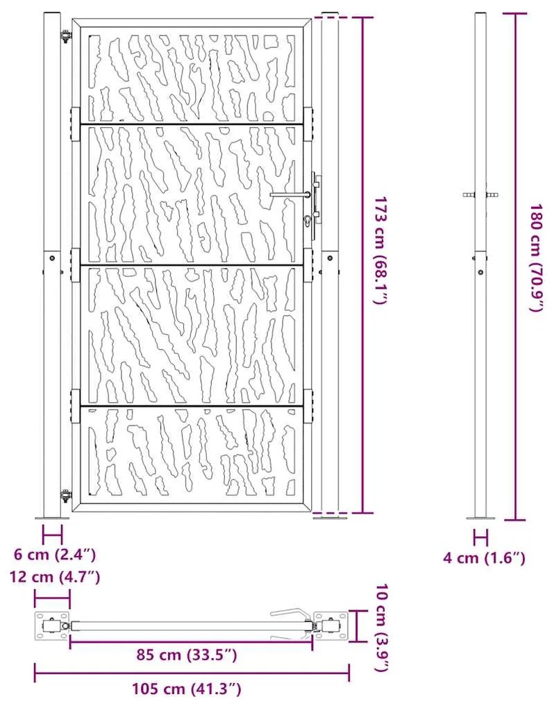 Πύλη κήπου 105x180 cm από διαβρωμένο χάλυβα με σχέδιο ίχνος - Καφέ