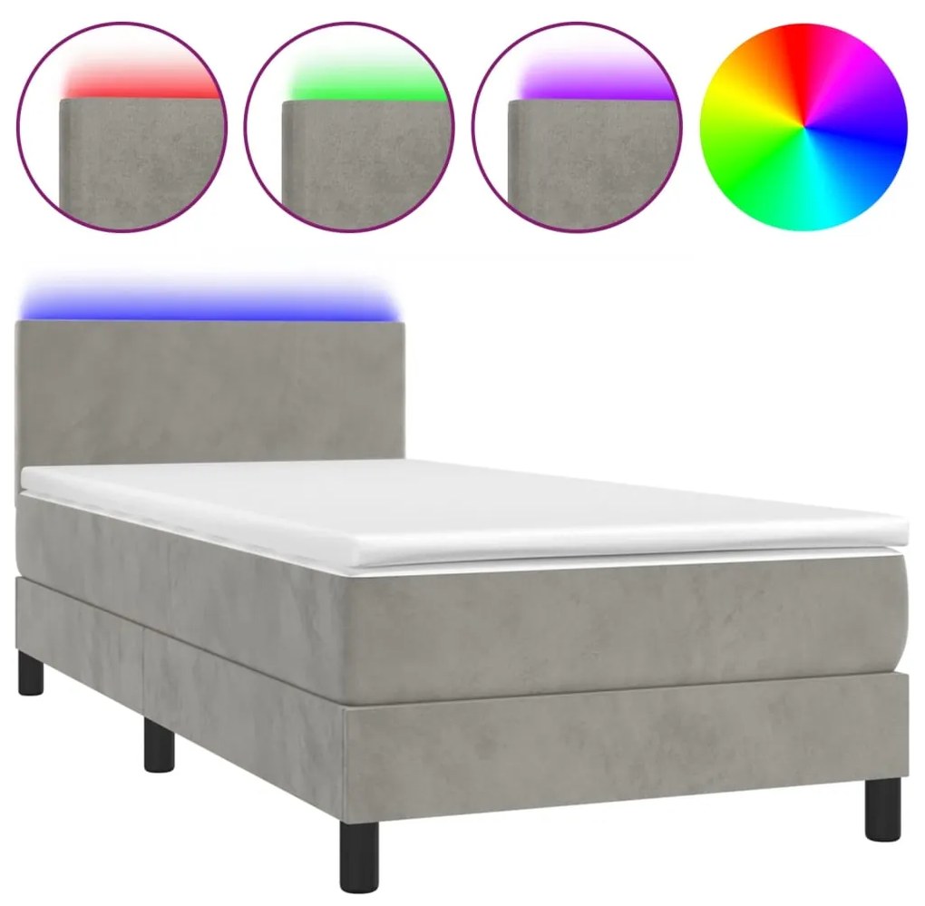 vidaXL Κρεβάτι Boxspring με Στρώμα & LED Αν.Γκρι 100x200 εκ. Βελούδινο