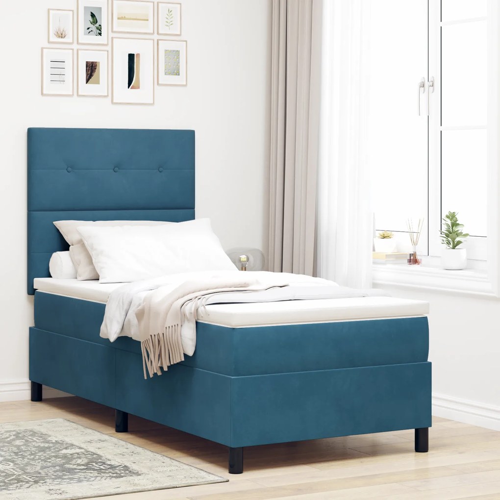 vidaXL κρεβάτι Box Spring με στρώμα & LED σε σκούρο μπλε 90x190 εκ. από βελούδο