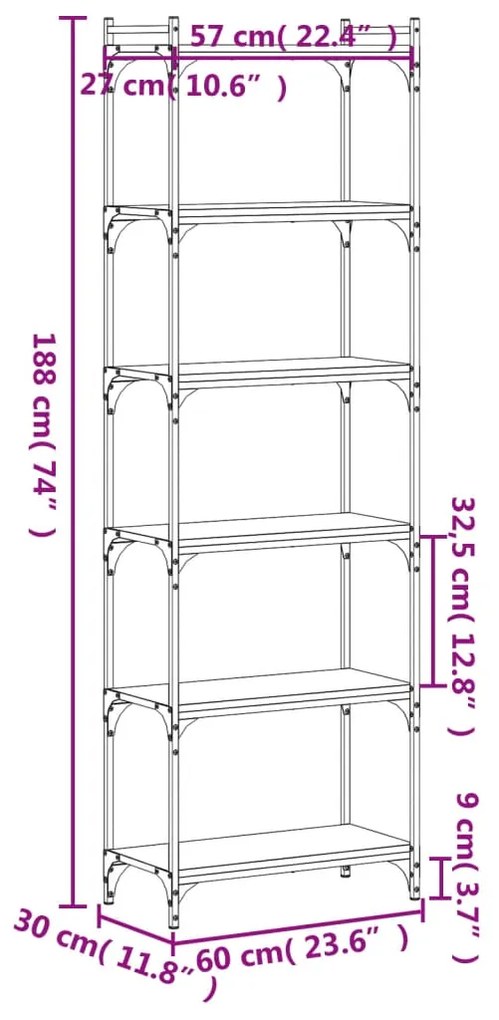 Βιβλιοθήκη 6 Επιπέδων Καφέ Δρυς 60 x 30 x 188 εκ. Επεξεργ. Ξύλο - Καφέ