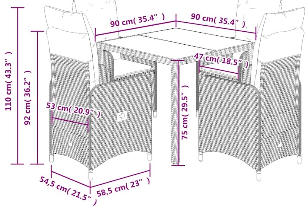 vidaXL Σετ Επίπλων Bistro Κήπου 5 τεμ. Γκρι Συνθετ. Ρατάν με Μαξιλάρια