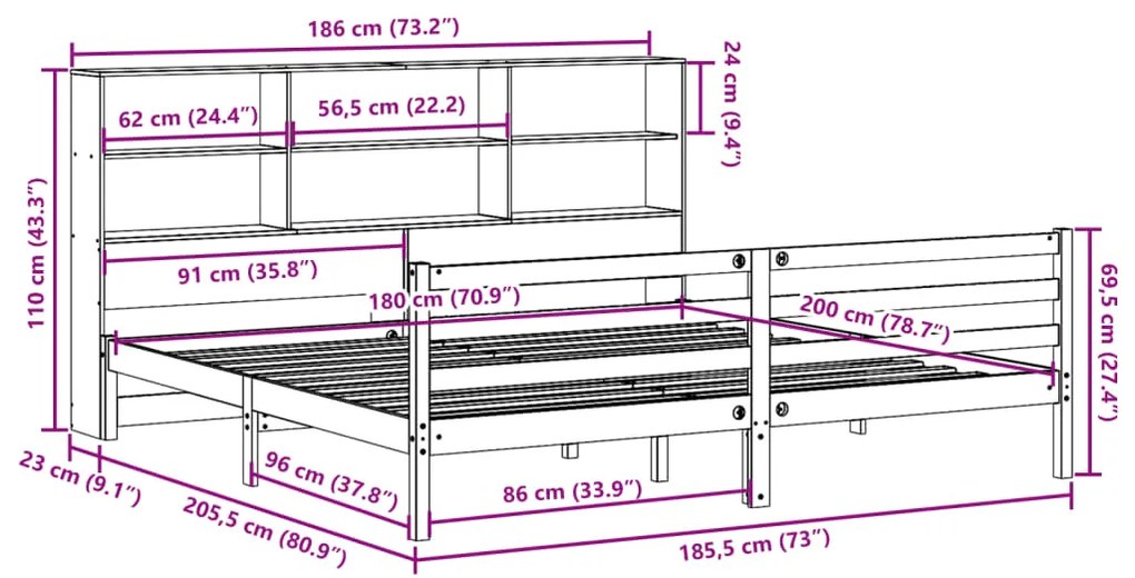 Κρεβάτι Βιβλιοθήκη Χωρίς Στρώμα Καφέ 180x200 εκ Μασίφ Πεύκο - Καφέ