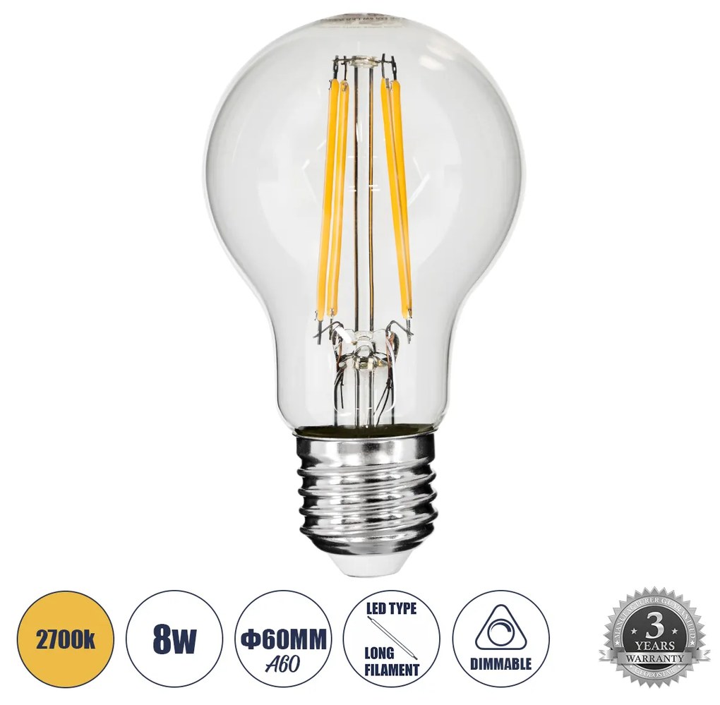 GloboStar 99007 Λάμπα LED Long Filament E27 A60 Γλόμπος 8W 800lm 360° AC 220-240V IP20 Φ6 x Υ10.5cm Θερμό Λευκό 2700K με Διάφανο Γυαλί - Dimmable - 3 Χρόνια Εγγύηση - 99007