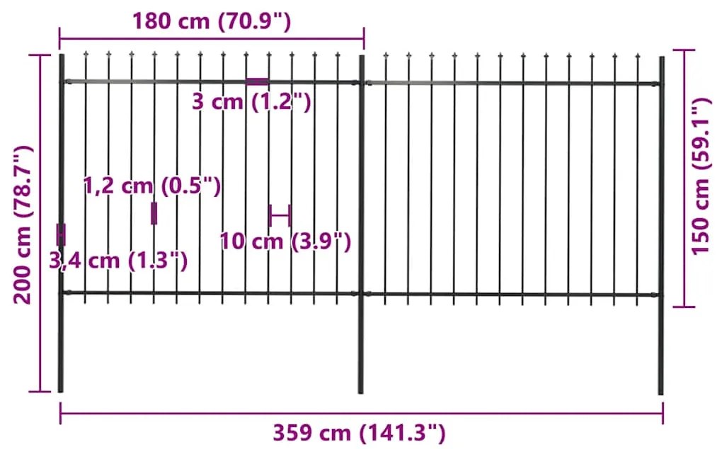 vidaXL Κάγκελα Περίφραξης με Λόγχες Μαύρα 3,4 x 1,5 μ. από Χάλυβα