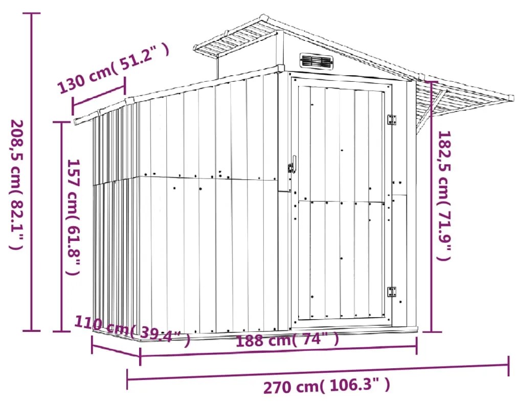 Αποθήκη Κήπου Ανθρακί 270x130x208,5 εκ. Γαλβανισμένο Ατσάλι - Ανθρακί