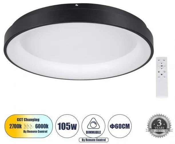 Πλαφονιέρα Φωτιστικό Οροφής Δαχτυλίδι LED CCT 105W 12075lm SALEM Globostar 61237 Μαύρο