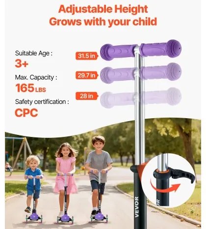 VEVOR Kick Scooter for Kids Ages 3+, 3-Wheel Toddler Scooter with Light-Up Wheels, Adjustable Height Handlebar, Wide Anti-Slip Deck, Lightweight Aluminum Frame for Boys & Girls up to 74.8 kg, Purple