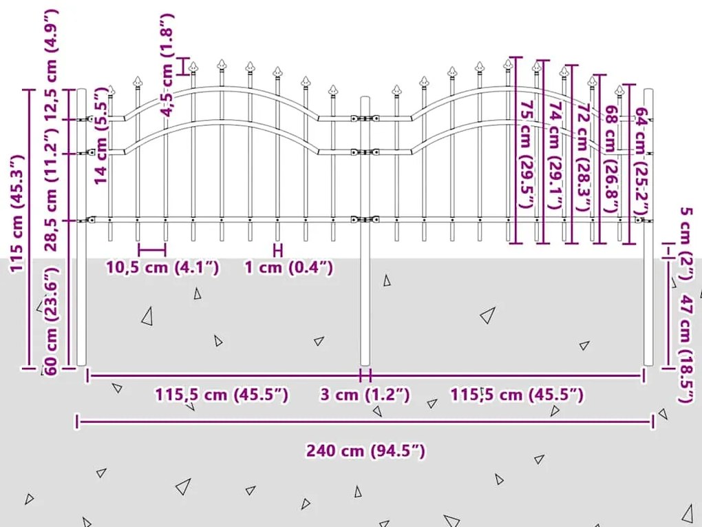 vidaXL Φράχτης Κήπου Γκρι 240 x 115 cm Ατσάλι με Επικάλυψη Πούδρας