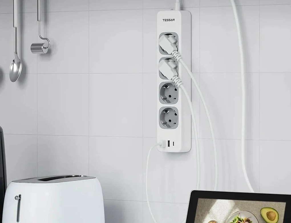 Πολύπριζο Tessan TS-307-C με διακόπτη On/Off - 4x Schuko, 2x USB-A, 1x USB-C - Καλώδιο 2m - Λευκό