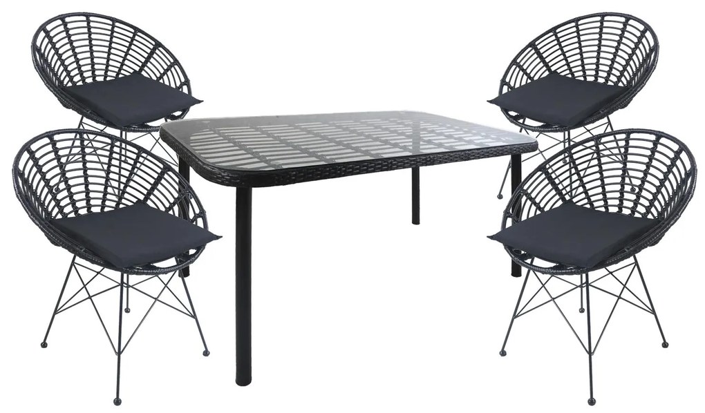 Σετ Τραπεζαρία Κήπου ArteLibre AMPLAS Μαύρο Μέταλλο/Rattan/Γυαλί Με 4 Καρέκλες 14990383-14990383