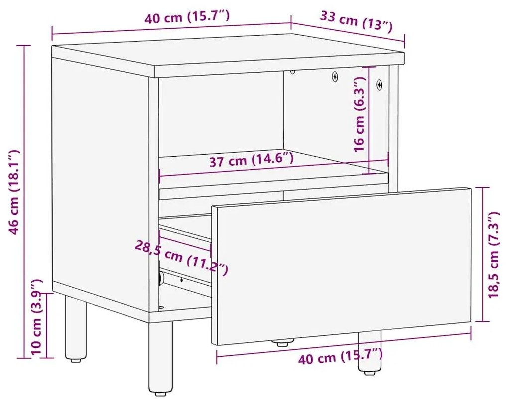 Κρεβατοκάμαρα Μαύρο 40x33x46 cm Στερεό ακατέργαστο ξύλο Mango - Μαύρο