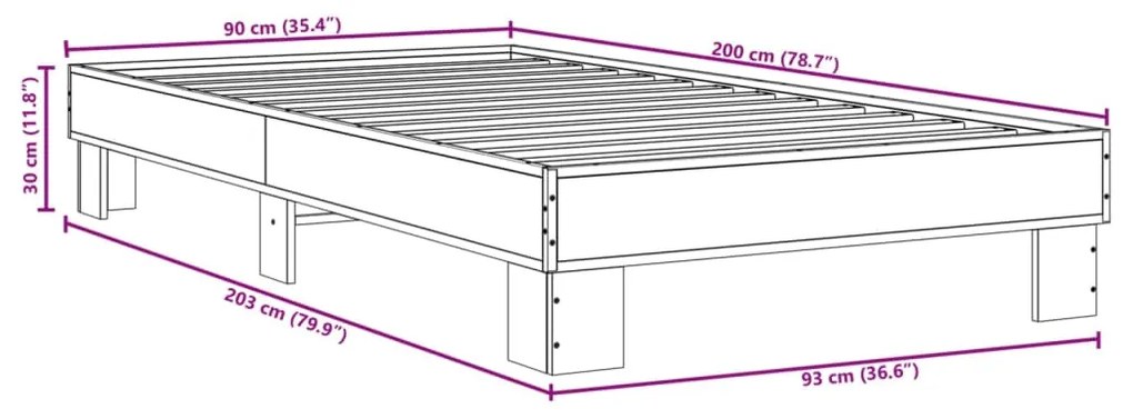 Πλαίσιο Κρεβατιού Καπνιστή Δρυς 90x200 εκ. Επεξ. Ξύλο &amp; Μέταλλο - Καφέ