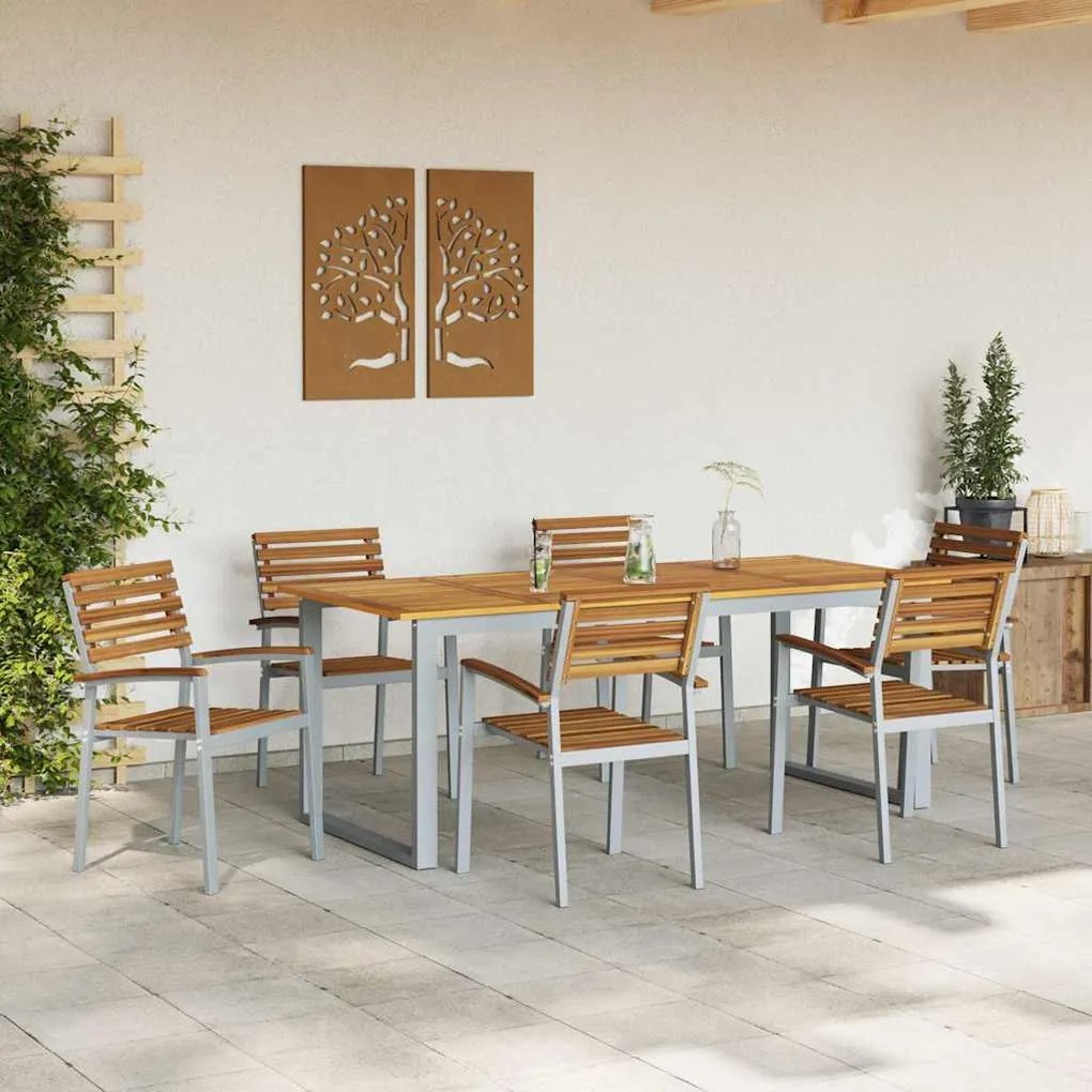 vidaXL Σέτ φαγητού για κήπο 7 pcs Γκρι και καφέ Μασίφ ξύλο ακακίας