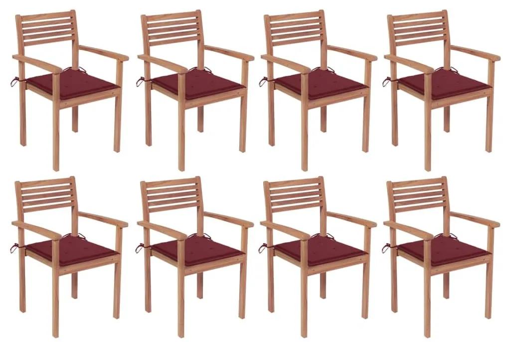 Καρέκλες Κήπου Στοιβαζόμενες 8 τεμ. Μασίφ Ξύλο Teak &amp; Μαξιλάρια - Κόκκινο