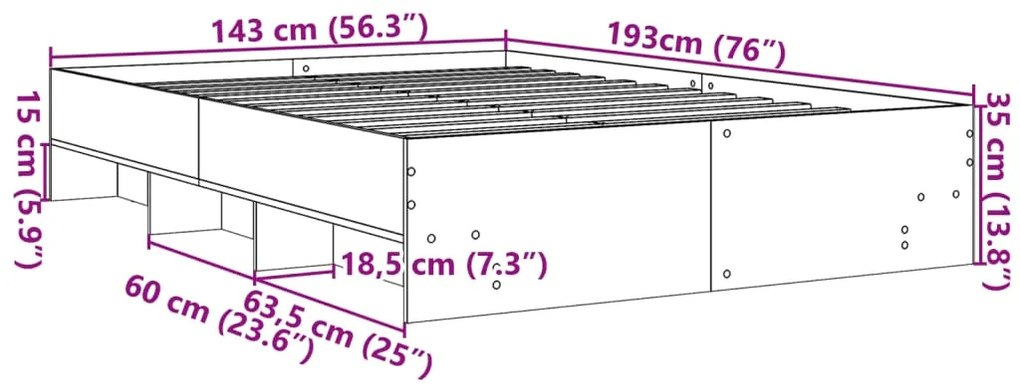 Πλαίσιο Κρεβατιού Γκρι Σκυροδέματος 140x190 εκ. Επεξεργ. Ξύλο - Γκρι