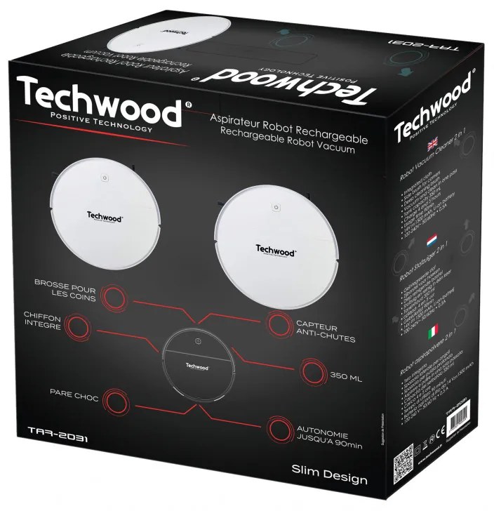 Ρομποτική ηλεκτρική σκούπα 2 σε 1 Techwood TAR-2031, 450 Pa, 350 ml, Σφουγγαρίστρα, Αυτονομία 90 λεπτά, Λευκό