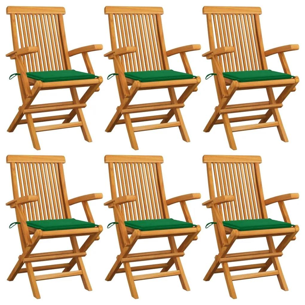 Καρέκλες Κήπου 6 τεμ. από Μασίφ Ξύλο Teak με Πράσινα Μαξιλάρια - Πράσινο