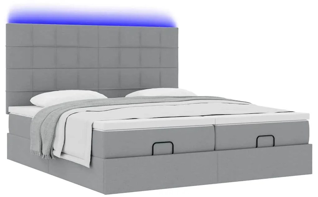 vidaXL Οθωμανικό κρεβάτι με στρώματα & LEDs Ανοιχτό γκρι ύφασμα