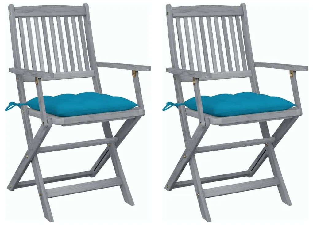 3064501 vidaXL Καρέκλες Εξωτ. Χώρου Πτυσσόμενες 2 τεμ Ξύλο Ακακίας &amp; Μαξιλάρια Μπλε, 1 Τεμάχιο