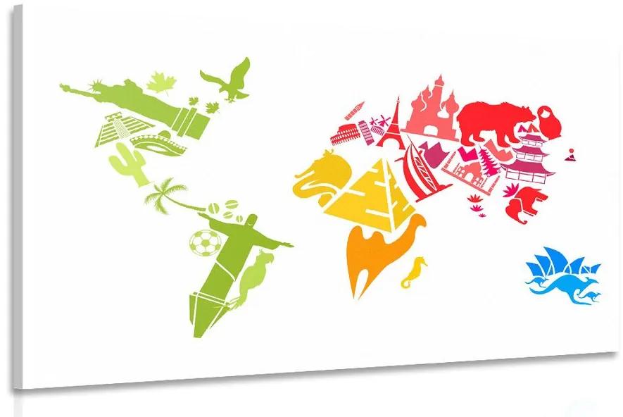 Εικόνα παγκόσμιου χάρτη με σύμβολα μεμονωμένων ηπείρων - 90x60
