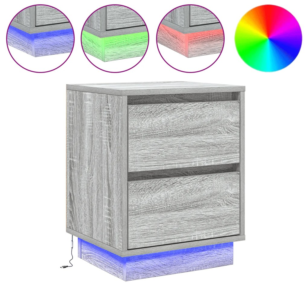vidaXL Κομοδίνα με LED Φώτα 2 τεμάχια Γκρι Σοναμά 39x34.5x50 εκ.