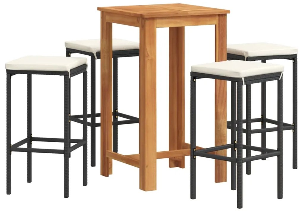 vidaXL Σετ Μπαρ Κήπου 5 Τεμ. Μαύρο Μασίφ Ξύλο Ακακίας και Συνθ. Ρατάν