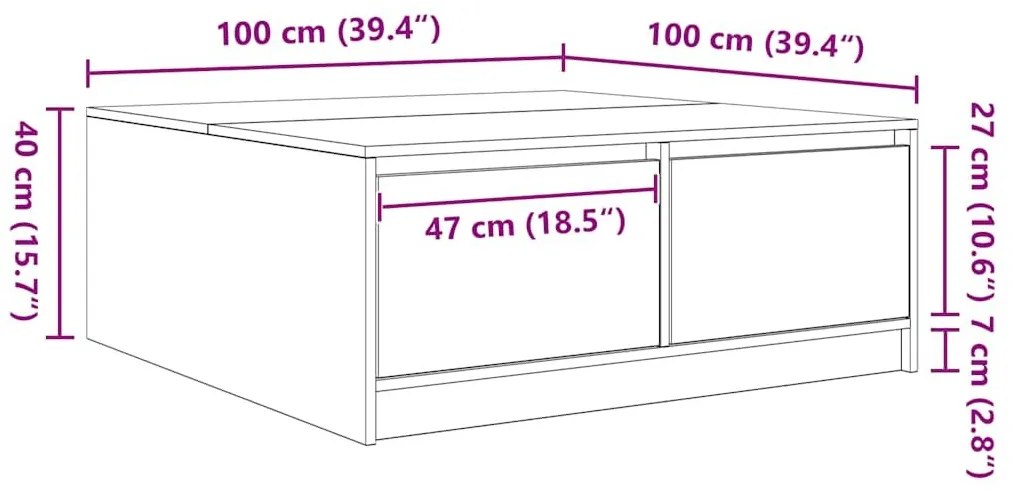 Τραπεζάκι σαλονιού με συρτάρια Γκρι Sonoma 100x100x40 εκ. - Γκρι