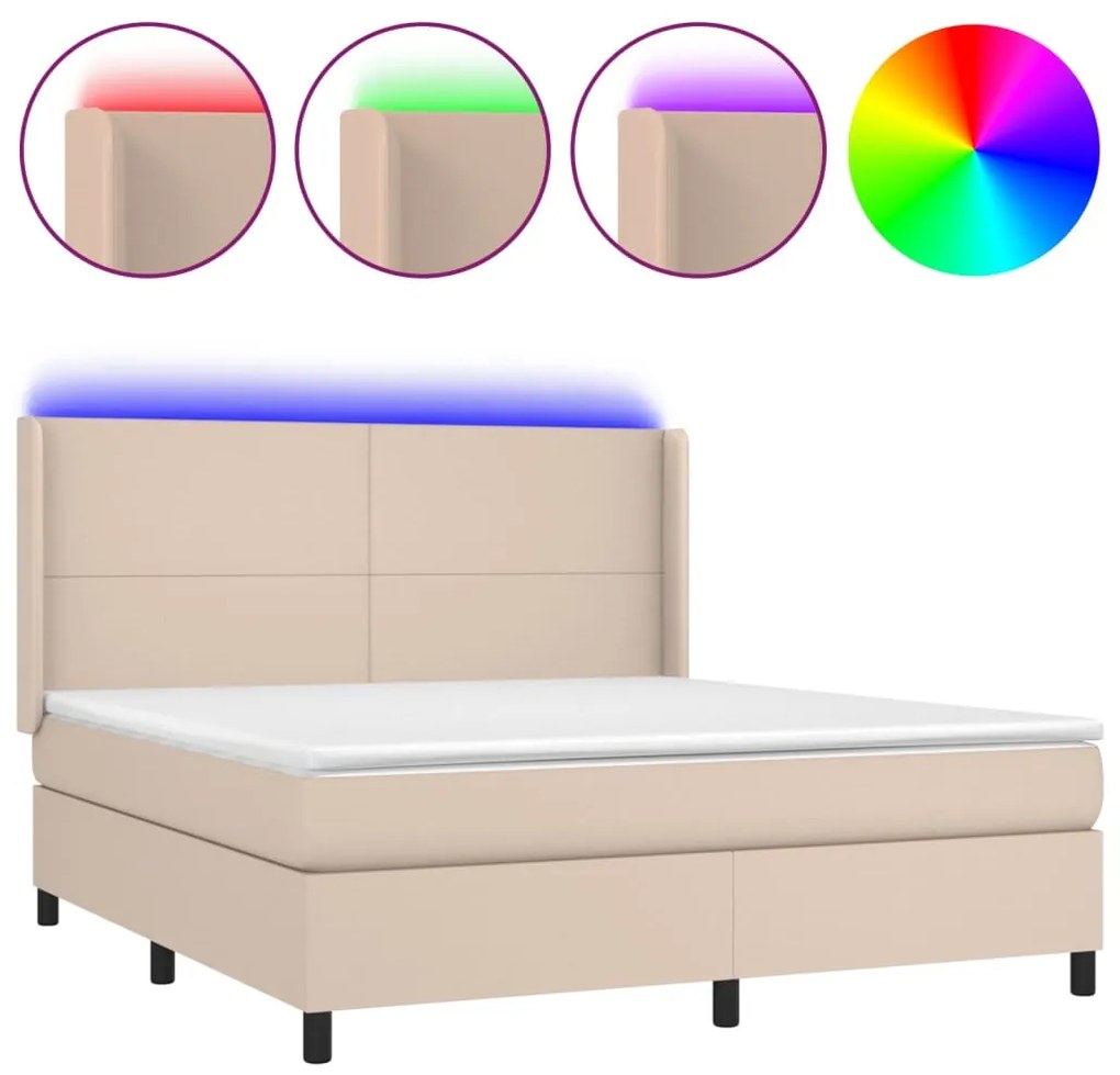 Κρεβάτι Boxspring Στρώμα&amp;LED Καπουτσίνο 160x200 εκ. Συνθ. Δέρμα - Καφέ