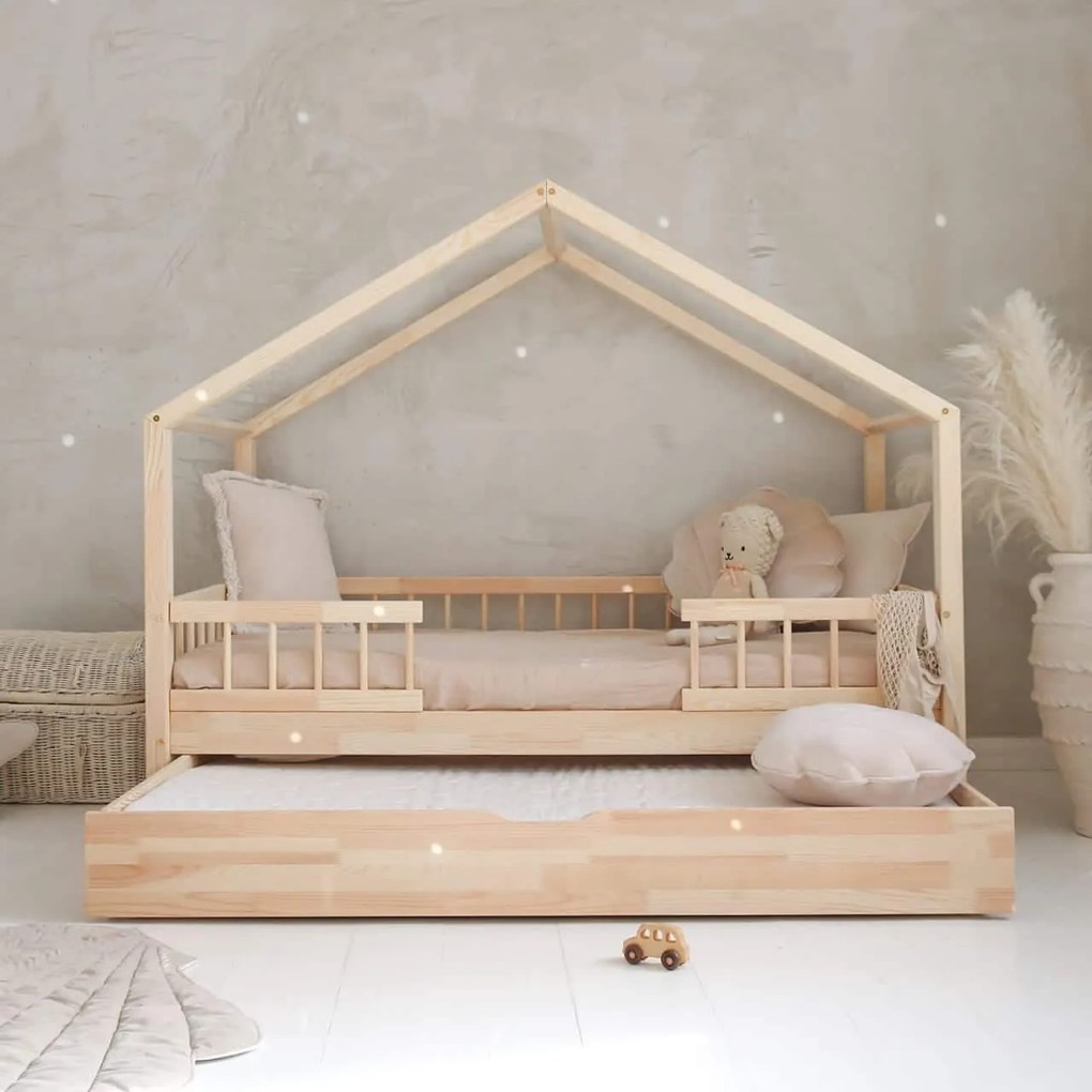 Κρεβάτι Παιδικό Montessori HouseBed Bello Duo Plus με Αφαιρούμενα Κάγκελα 23cm  + Συρτάρι σε Φυσικό  Ξύλο  90×200cm  Luletto (Δώρο 10% έκπτωση στο Στρώμα)